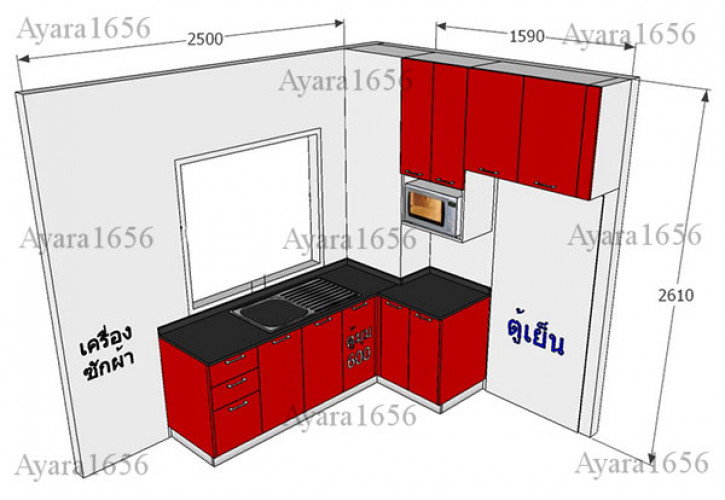 ชุดครัว Built-in ตู้ล่าง โครงซีเมนต์บอร์ด หน้าบาน Hi Gloss สีแดง 3