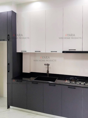 ชุดครัว Built-in โครงซีเมนต์บอร์ด หน้าบาน Melamine สีเทา + ขาว