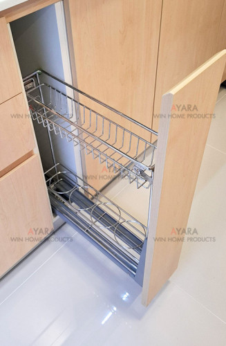 ชุดครัว Built-in โครงซีเมนต์บอร์ด หน้าบาน Melamine สี Maple + ขาวเงา - ม.Villaggio 7