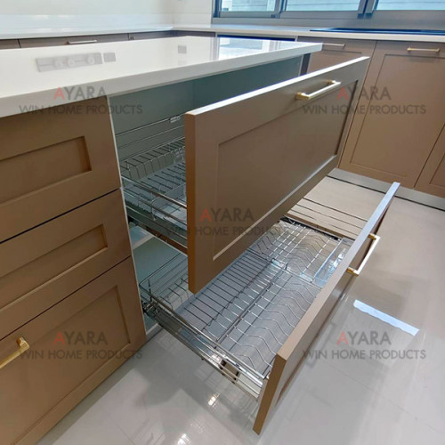 ชุดครัว Built-in ตู้ล่าง โครงซีเมนต์บอร์ด หน้าบาน Plaswood พ่นสีน้ำตาลอ่อนด้าน ยกขอบ 6