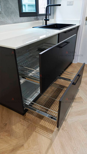 ชุดครัว Built-in โครงซีเมนต์บอร์ด หน้าบาน Melamine สีเทา ผิวส้ม 5