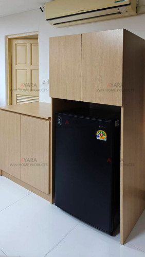 ตู้เก็บของ Built-in โครง HMR กันชื้น เคลือบ Melamine สี Brown Oak ลายไม้ 4