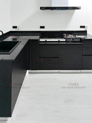ชุดครัว Built-in โครงซีเมนต์บอร์ด หน้าบาน Melamine สีเทาเข้ม 1