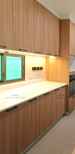 ชุดครัว Built-in โครงซีเมนต์บอร์ด หน้าบาน Laminate สี Costa Nogal