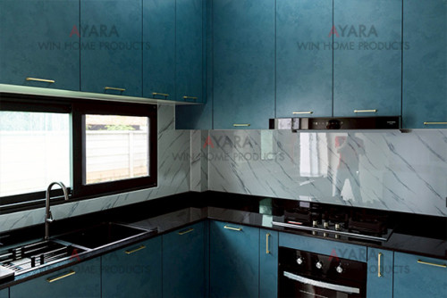 ชุดครัว Built-in โครงซีเมนต์บอร์ด หน้าบาน Melamine สีฟ้า 1