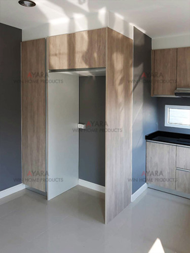 ชุดครัว Built-in ตู้ล่าง โครงซีเมนต์บอร์ด หน้าบาน Laminate สี Powdered Oak ลายไม้ 5