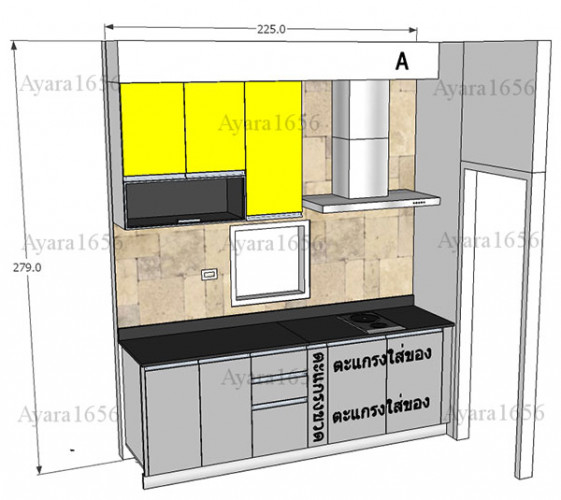 ชุดครัว Built-in ตู้ล่าง โครงซีเมนต์บอร์ด หน้าบาน Laminate สีเทา + เหลือง - ม.inizio 2