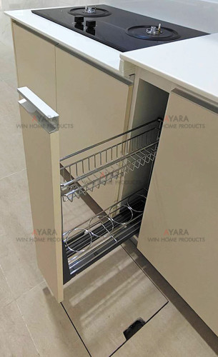 ชุดครัว Built-in โครงซีเมนต์บอร์ด หน้าบาน Melamine สีครีม ผิวส้ม - ม.Grande Pleno 4