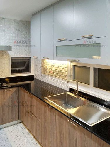 ชุดครัว Built-in โครงซีเมนต์บอร์ด หน้าบาน Laminate สี Kitami Ruster + Melamine สีเทา 2
