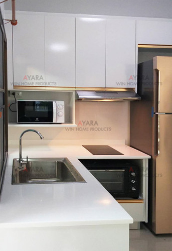 ชุดครัว Built-in ตู้ล่าง โครงซีเมนต์บอร์ด หน้าบาน Melamine สีขาวเงา - ม.พฤกษา ไพร์ม 2