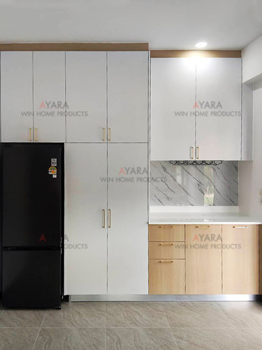 ชุดครัว Built-in โครงซีเมนต์บอร์ด หน้าบาน Laminate สีลายไม้ + ขาวด้าน 7
