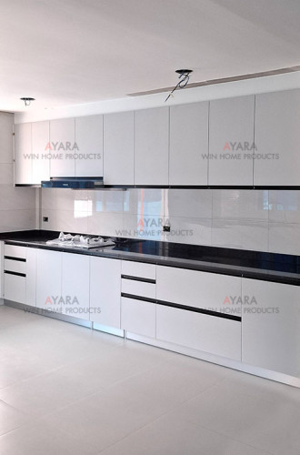ชุดครัว Built-in โครงซีเมนต์บอร์ด หน้าบาน Melamine สีเทาอ่อน 4