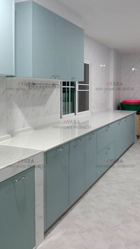 ชุดครัว Built-in โครงซีเมนต์บอร์ด หน้าบาน PVC สีเขียว - ม.สราญสิริ 2
