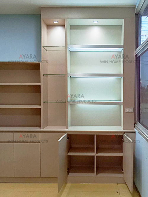 ตู้โชว์ Built-in โครงปาติเกิล กันชื้น เคลือบ Melamine สี Gain 3