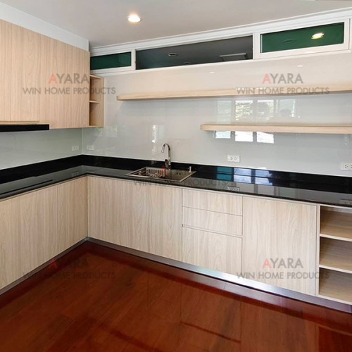 ชุดครัว Built-in โครงซีเมนต์บอร์ด หน้าบาน Melamine 5028-17 สีลายไม้ 2