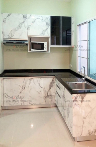 ชุดครัว Built-in ตู้ล่าง โครงซีเมนต์บอร์ด หน้าบาน Laminate สี Calacatta Marble - ม.Pleno