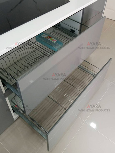 ชุดครัว Built-in โครงซีเมนต์บอร์ด หน้าบาน Laminate สีเทาเงา + ขาวเงา 6