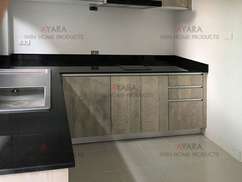 ชุดครัว Built-in ตู้ล่าง โครงซีเมนต์บอร์ด หน้าบาน Laminate สี Concrete Formwood ลายไม้