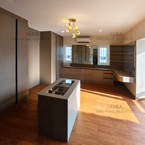ตู้เสื้อผ้า Built-in โครง HMR กันชื้น เคลือบ Melamine สี TNK 1008-16 ลายผ้า