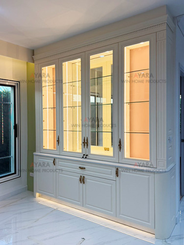 ตู้โชว์ Built-in โครงซีเมนต์บอร์ด พ่นสีเบจด้าน เซาะร่อง