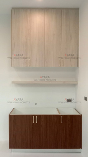 ชุดครัว Built-in โครงซีเมนต์บอร์ด หน้าบาน Laminate สี Cana Walnut + Kitami Ruster 2
