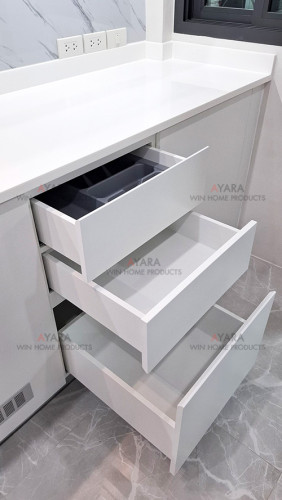 ชุดครัว Built-in โครงซีเมนต์บอร์ด หน้าบาน Melamine สี Nordic Maple + ขาว 5