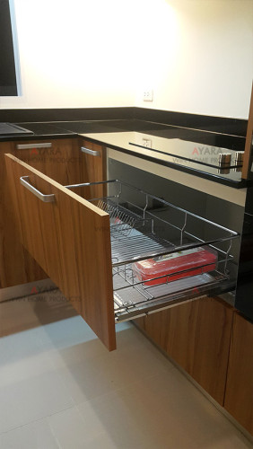 ชุดครัว Built-in ตู้ล่าง โครงซีเมนต์บอร์ด หน้าบาน Laminate สี Classic Walnut - ม.ภัสสร เพรสทีจ ลุกซ์ 6