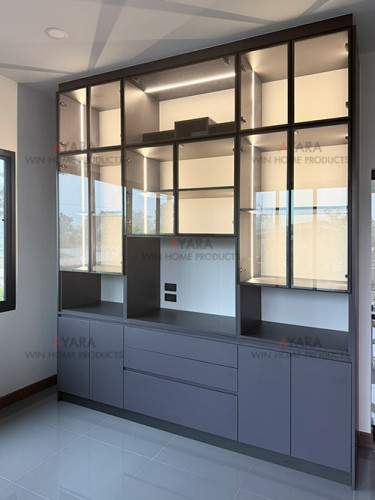 ตู้โชว์ Built-in โครง HMR กันชื้น เคลือบ Melamine สีเทาเข้ม