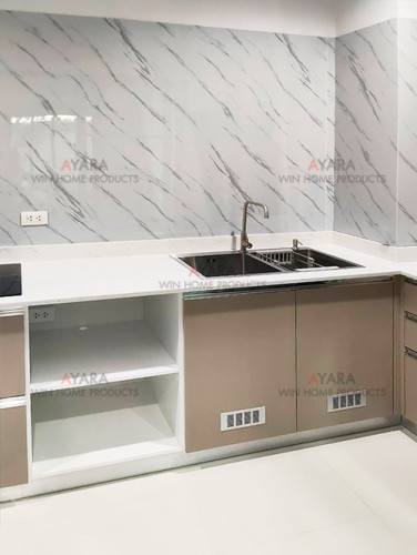 ชุดครัว Built-in โครงซีเมนต์บอร์ด หน้าบาน Melamine สีน้ำตาลด้าน 2