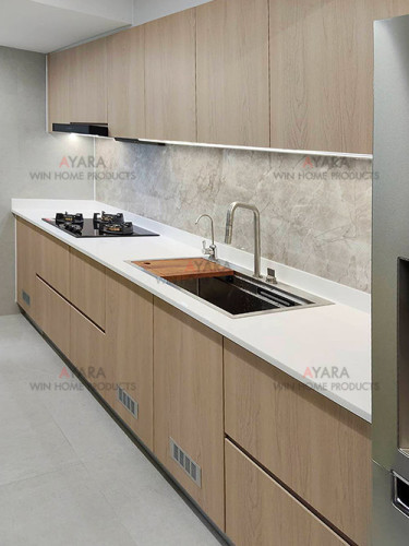 ชุดครัว Built-in โครงซีเมนต์บอร์ด หน้าบาน Melamine สีลายไม้