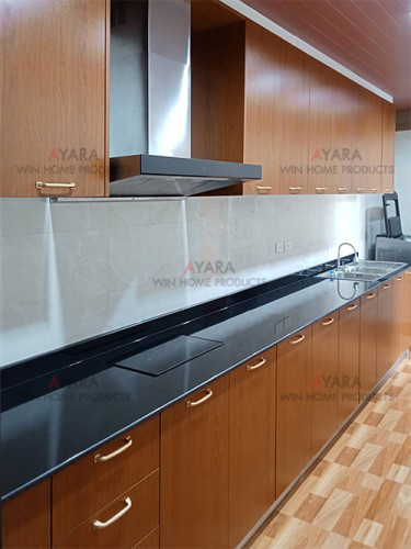 ชุดครัว Built-in โครงซีเมนต์บอร์ด หน้าบาน Melamine สี Pop Walnut