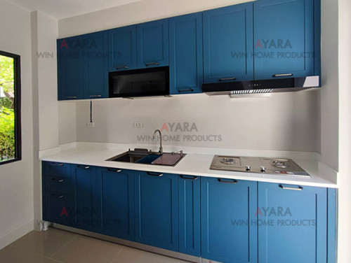 ชุดครัว Built-in โครงซีเมนต์บอร์ด หน้าบาน PVC  สีฟ้าเข้ม เซาะร่อง Stack 2