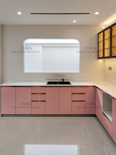 ชุดครัว Built-in โครงซีเมนต์บอร์ด หน้าบาน Hi Gloss สีชมพูเงา 1