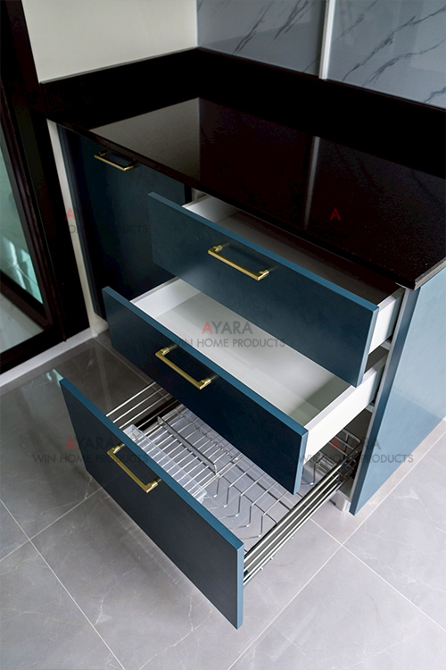 ชุดครัว Built-in โครงซีเมนต์บอร์ด หน้าบาน Melamine สีฟ้า 8