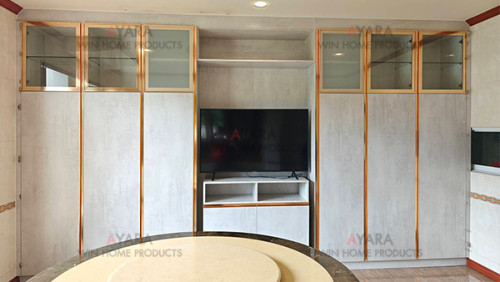 ตู้ TV Built-in โครง HMR กันชื้น เคลือบ Melamine สี 2015-20 ผิวเรียบด้าน