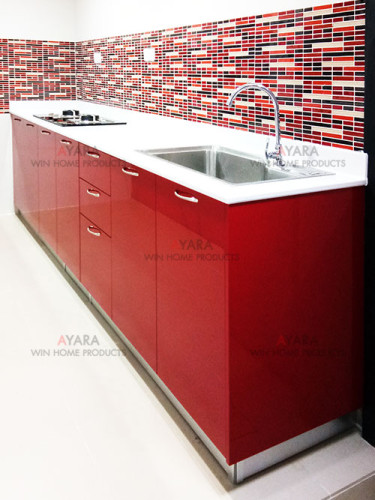 ชุดครัว Built-in ตู้ล่าง โครงซีเมนต์บอร์ด หน้าบาน Acrylic สีแดง 0