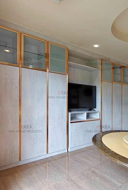 ตู้ TV Built-in โครง HMR กันชื้น เคลือบ Melamine สี 2015-20 ผิวเรียบด้าน 2