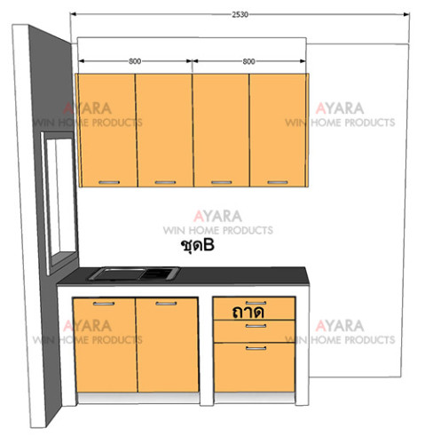 ชุดครัว Built-in ตู้ล่าง โครงซีเมนต์บอร์ด หน้าบาน Acrylic สีน้ำตาล 7