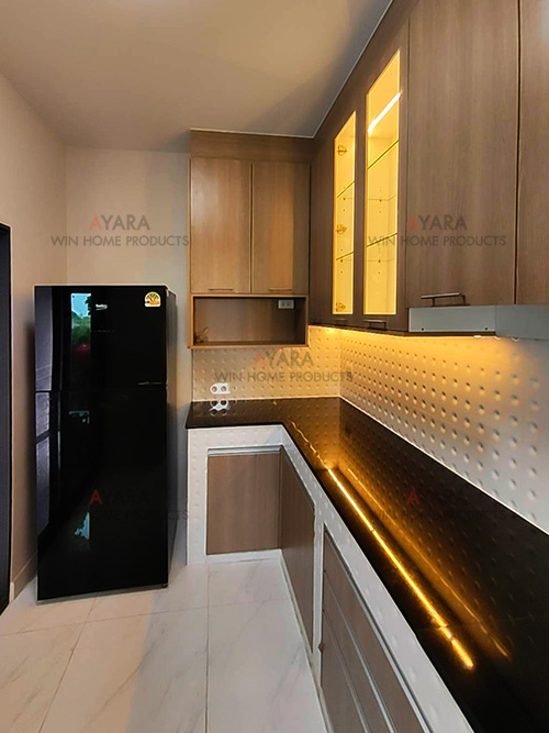 ชุดครัว Built-in โครงซีเมนต์บอร์ด หน้าบาน Melamine สี Nordic Maple 4
