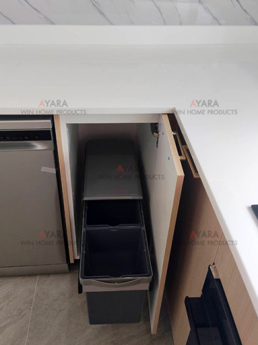 ชุดครัว Built-in โครงซีเมนต์บอร์ด หน้าบาน Laminate สีลายไม้ + ขาวด้าน 5