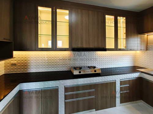 ชุดครัว Built-in โครงซีเมนต์บอร์ด หน้าบาน Melamine สี Nordic Maple