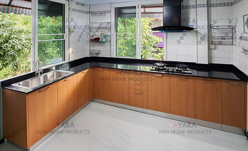 ชุดครัว Built-in โครงซีเมนต์บอร์ด หน้าบาน Melamine สีลายไม้