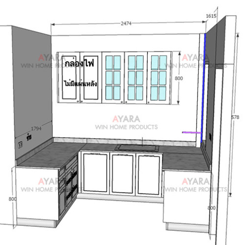 ชุดครัว Built-in ตู้ล่าง โครงซีเมนต์บอร์ด หน้าบาน PVC สีขาวเงา เซาะร่อง 6