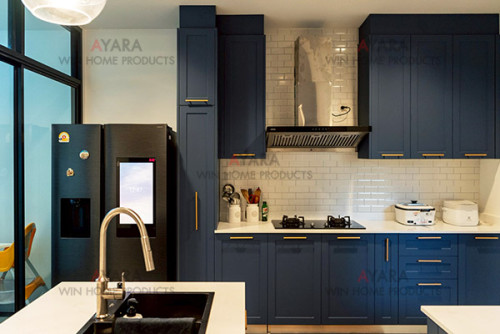 ชุดครัว Built-in โครงซีเมนต์บอร์ด หน้าบาน PVC สีครามฟ้าอ่อน เซาะร่อง Stack