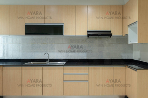 ชุดครัว Built-in โครงซีเมนต์บอร์ด หน้าบาน Melamine สี Maple 1