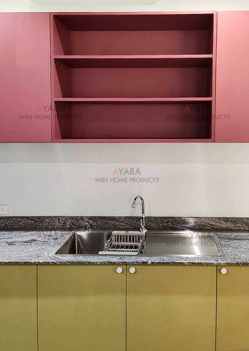 ชุดครัว Built-in โครงซีเมนต์บอร์ด หน้าบาน Melamine สีเขยวอ่อน + แดง 3