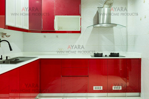 ชุดครัว Built-in โครงซีเมนต์บอร์ด หน้าบาน Hi Gloss สีแดงเงา