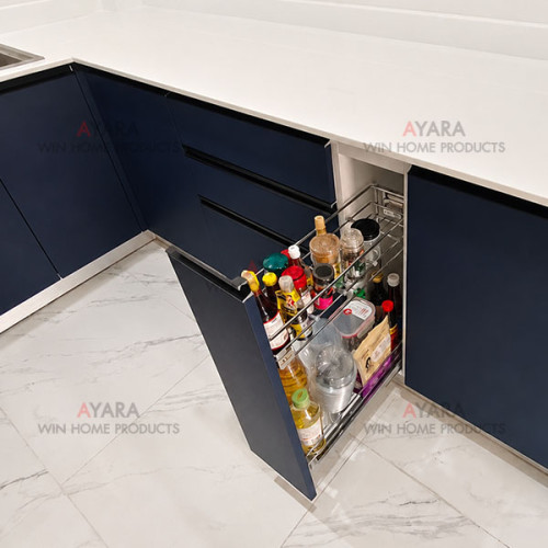 ชุดครัว Built-in โครงซีเมนต์บอร์ด หน้าบาน PVC สีน้ำเงินเข้มด้าน 2