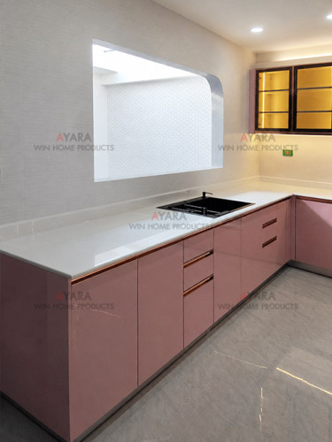ชุดครัว Built-in โครงซีเมนต์บอร์ด หน้าบาน Hi Gloss สีชมพูเงา 4