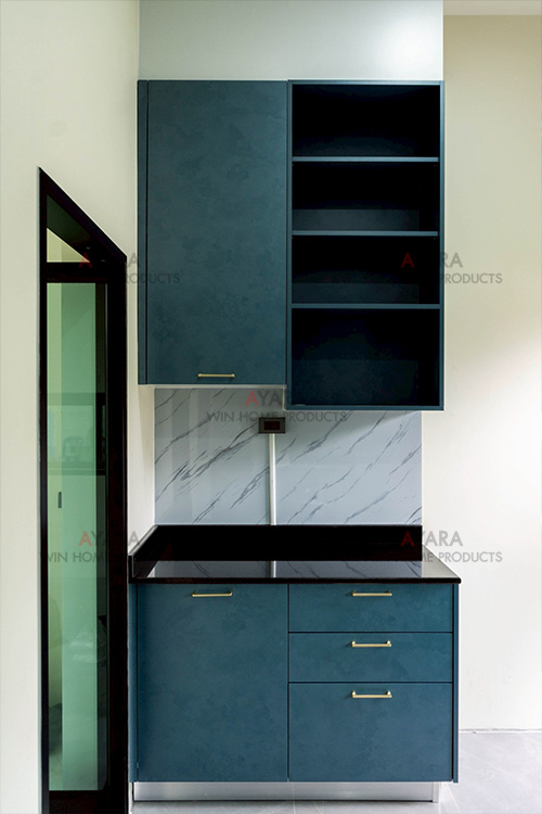 ชุดครัว Built-in โครงซีเมนต์บอร์ด หน้าบาน Melamine สีฟ้า 7